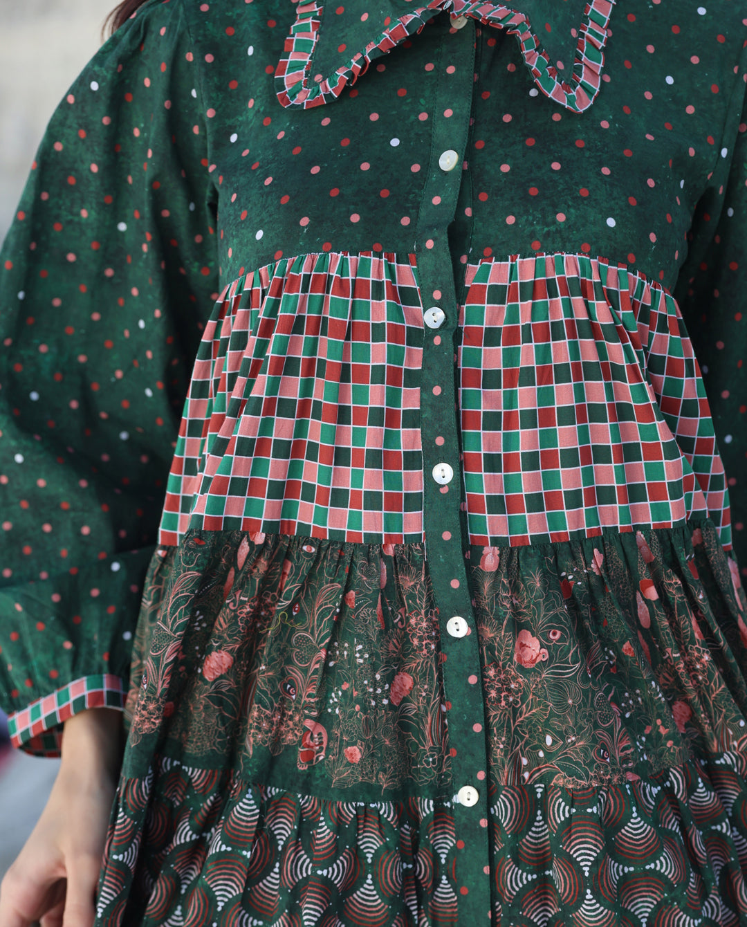 Green pineapple long sleeve tier Mini dress