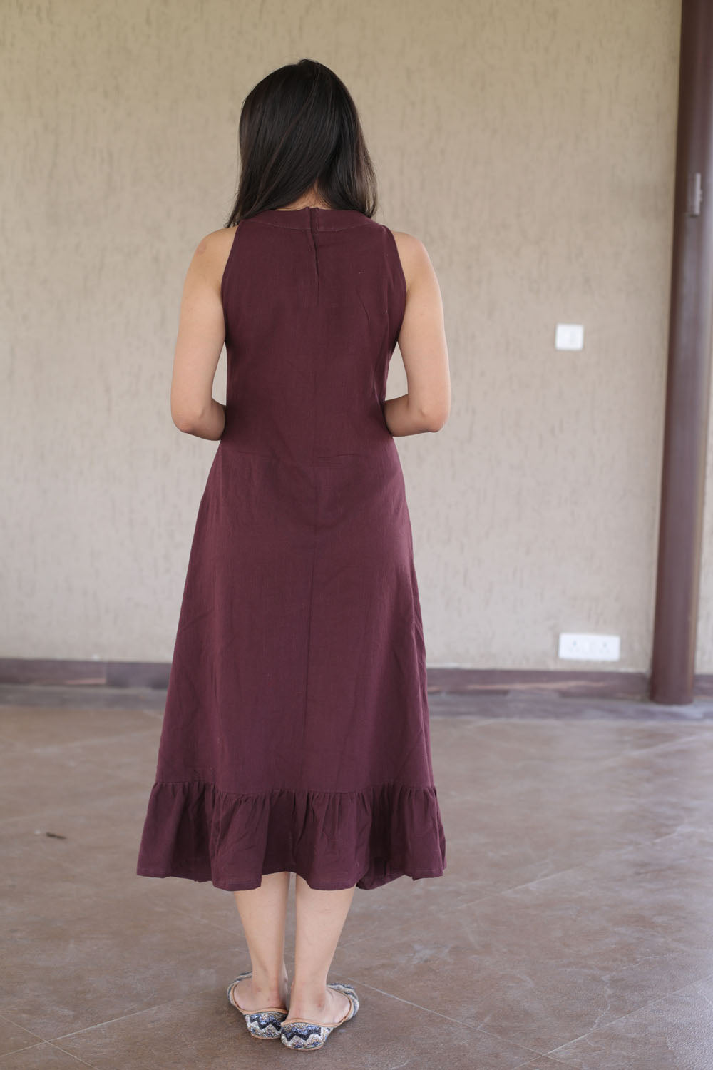 Brown Floral Embroidered Halter Neck Dress