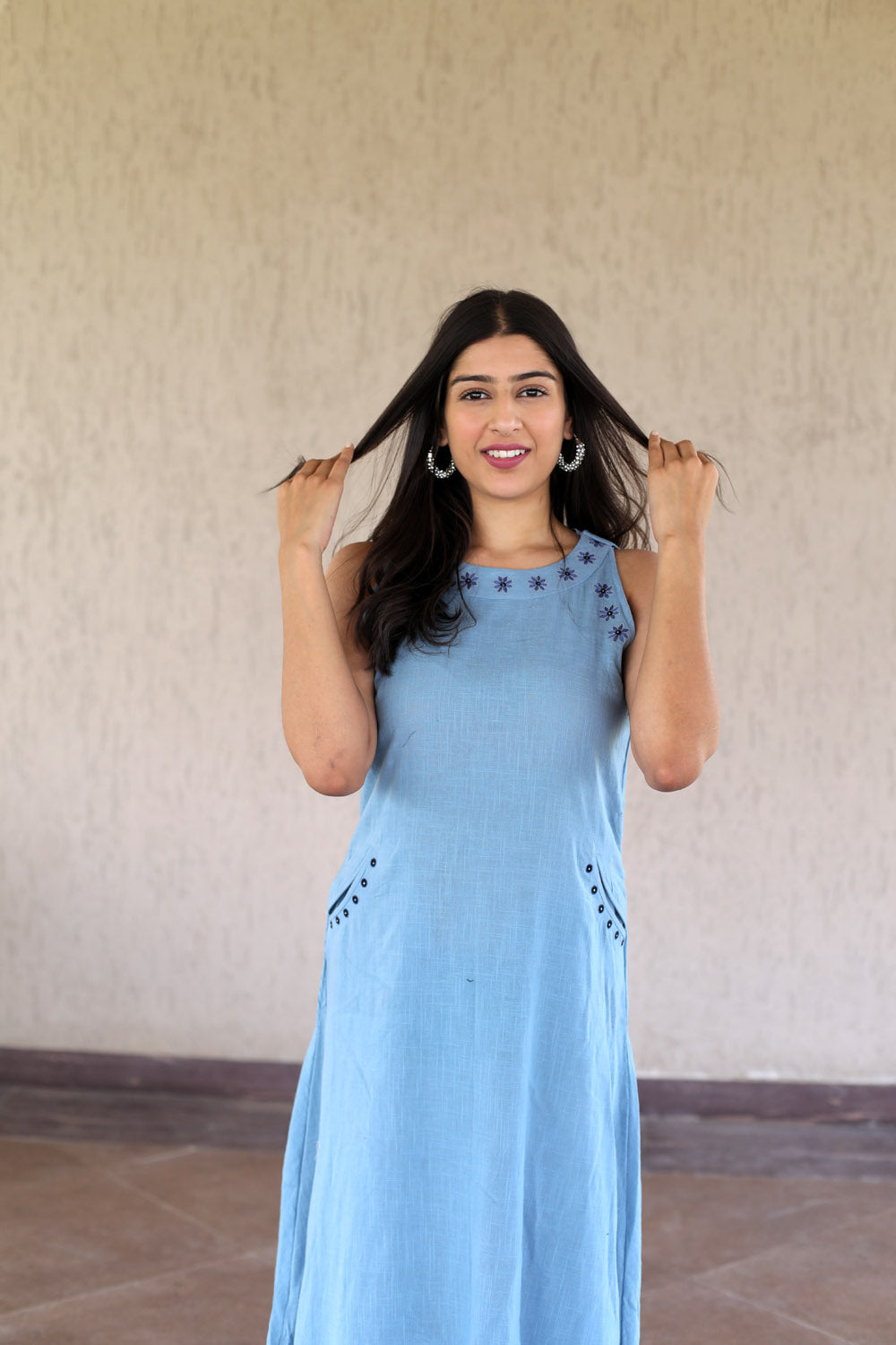 Blue Floral Embroidered Cotton Slub Dress