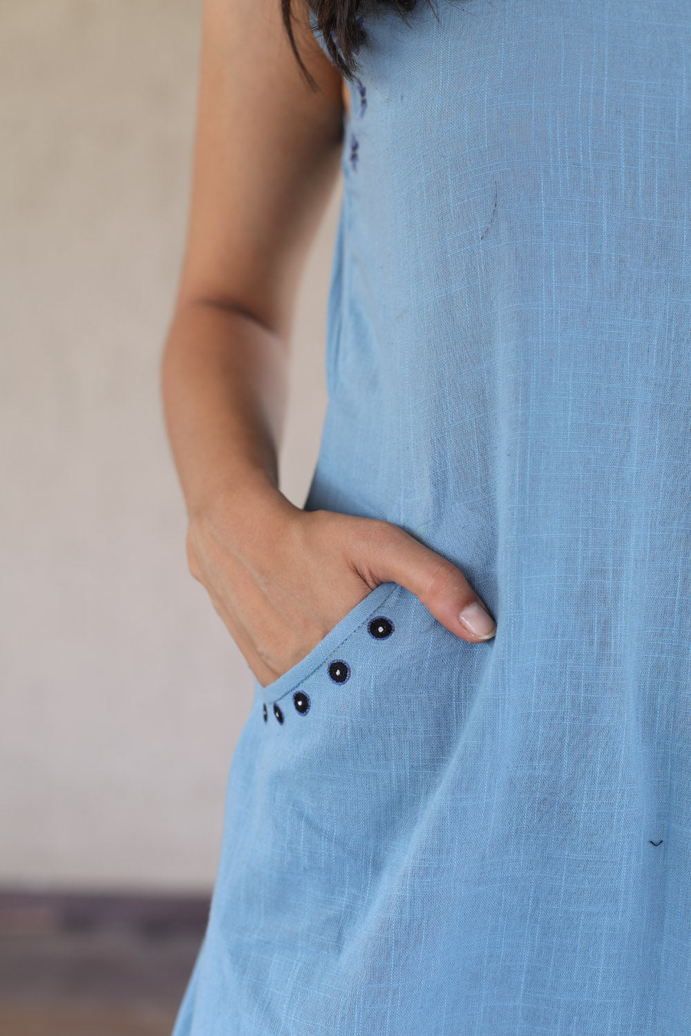 Blue Floral Embroidered Cotton Slub Dress