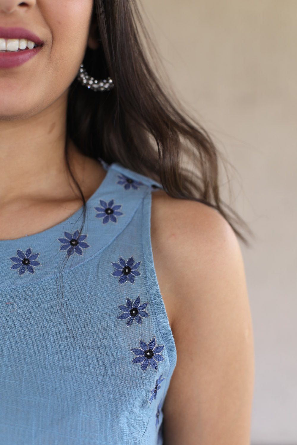 Blue Floral Embroidered Cotton Slub Dress