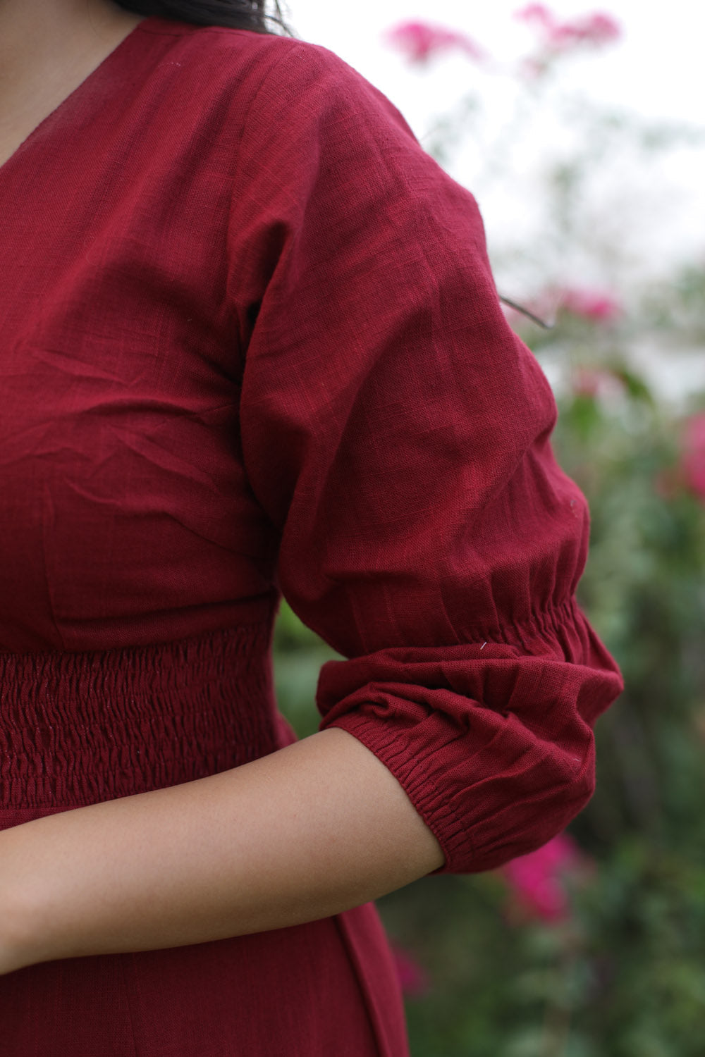 Red Cotton Slub Smocking Belt Dress