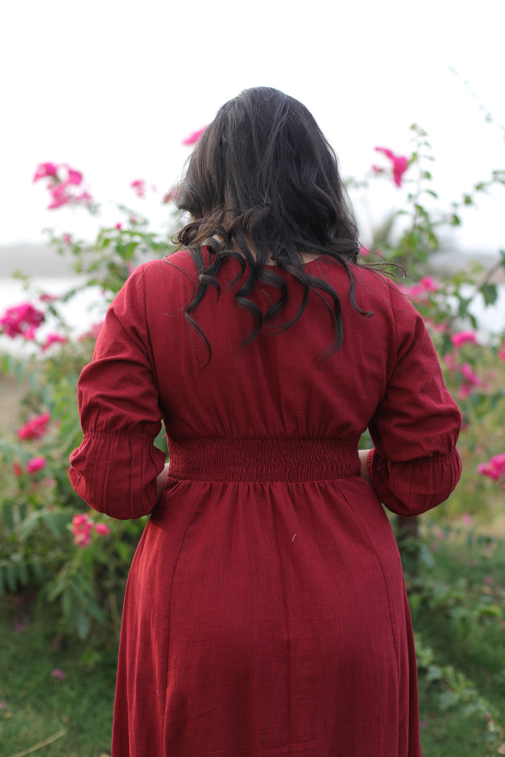 Red Cotton Slub Smocking Belt Dress