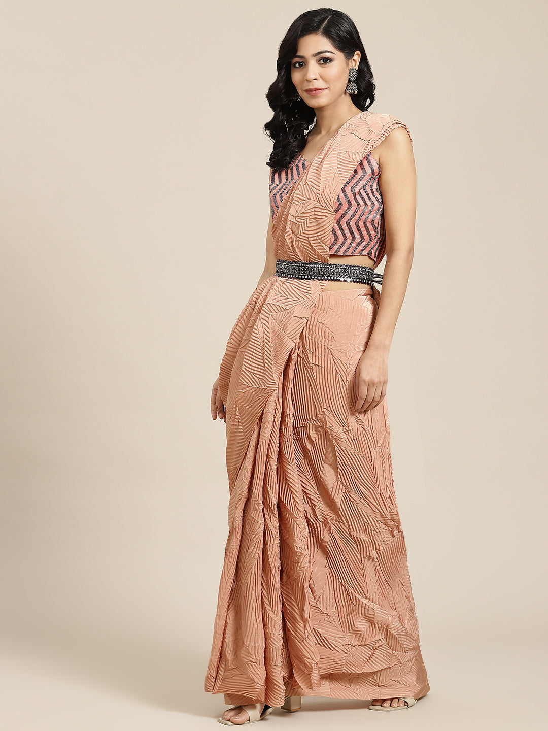Pure Crepe Peach Solid BeltedSarees With Blouse Piece
