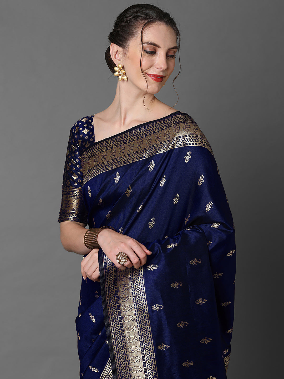 Silk Blend Navy Blue Woven Design Designer Saree With Blouse