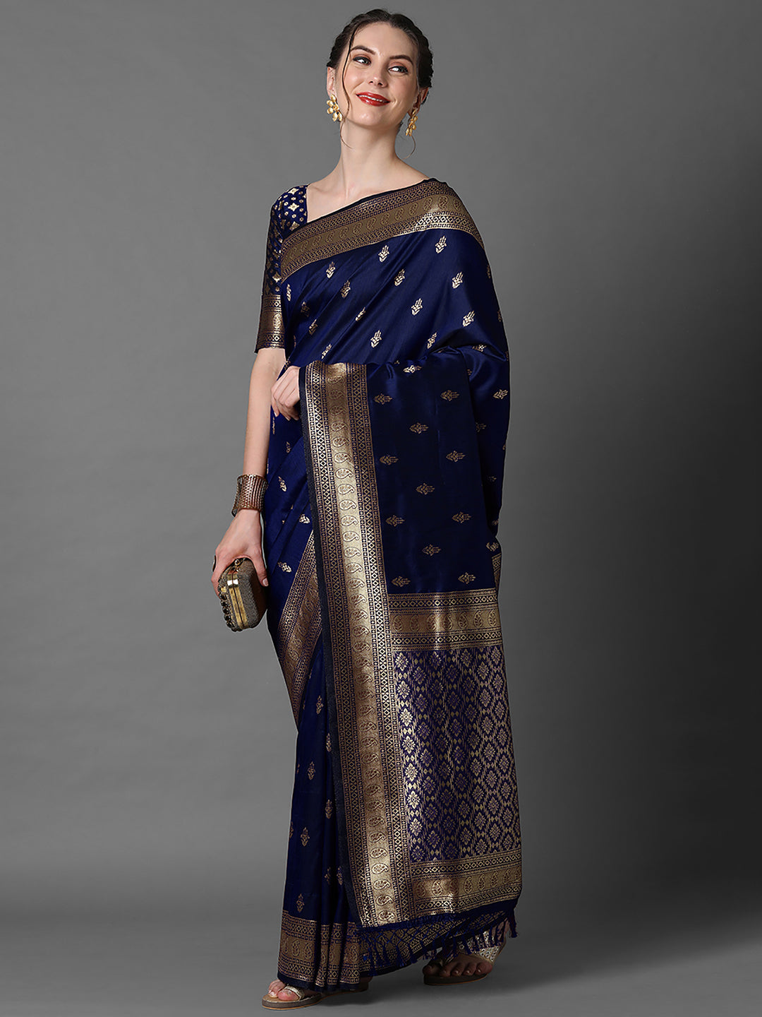 Silk Blend Navy Blue Woven Design Designer Saree With Blouse