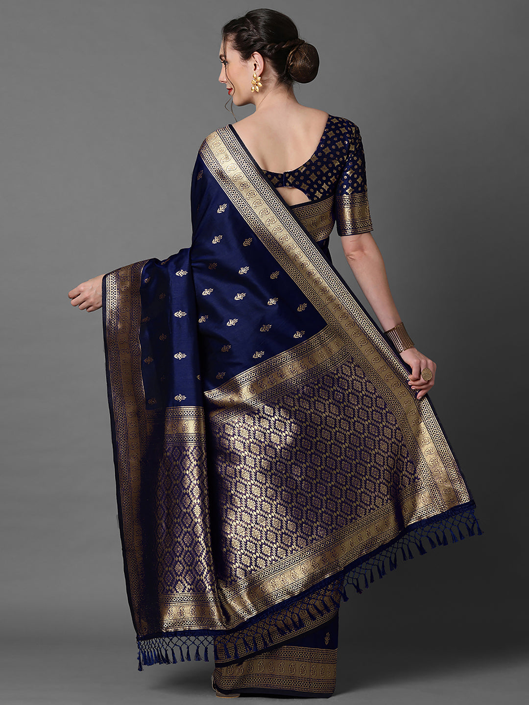 Silk Blend Navy Blue Woven Design Designer Saree With Blouse