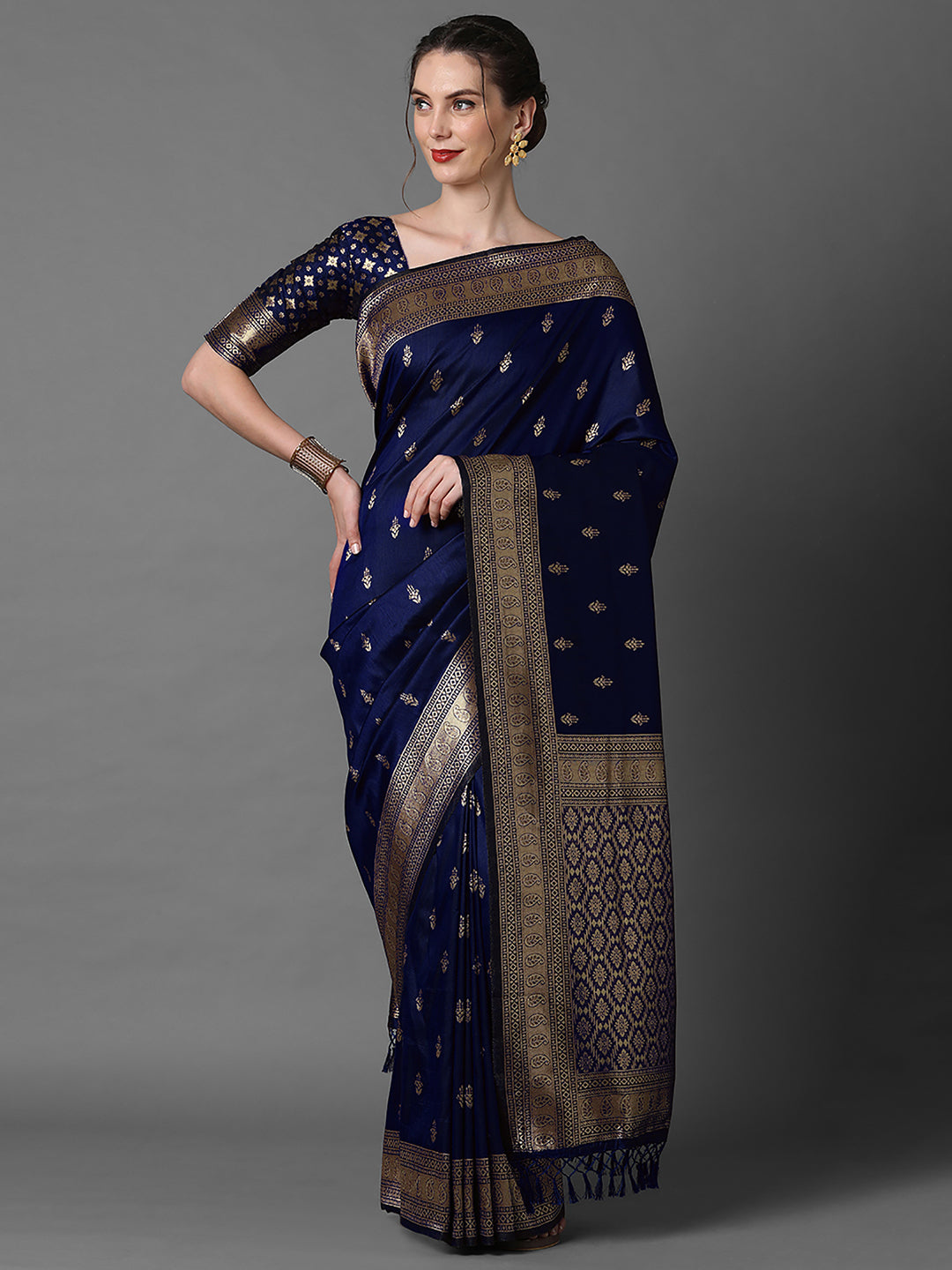 Silk Blend Navy Blue Woven Design Designer Saree With Blouse