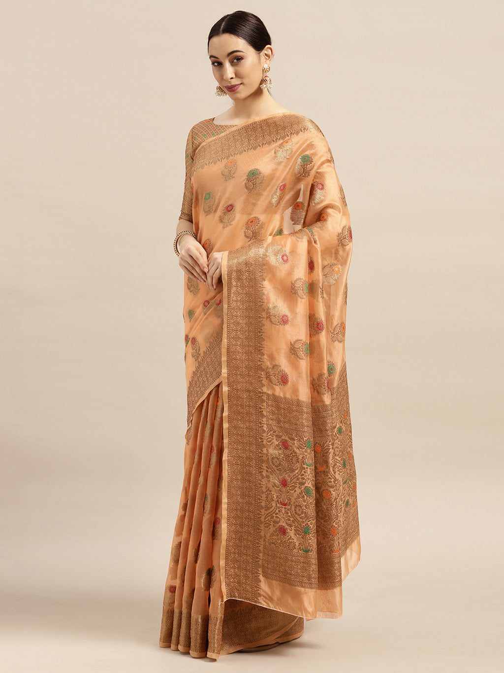 Silk Blend Orange WovenDesign DesignerSaree With Blouse Piece