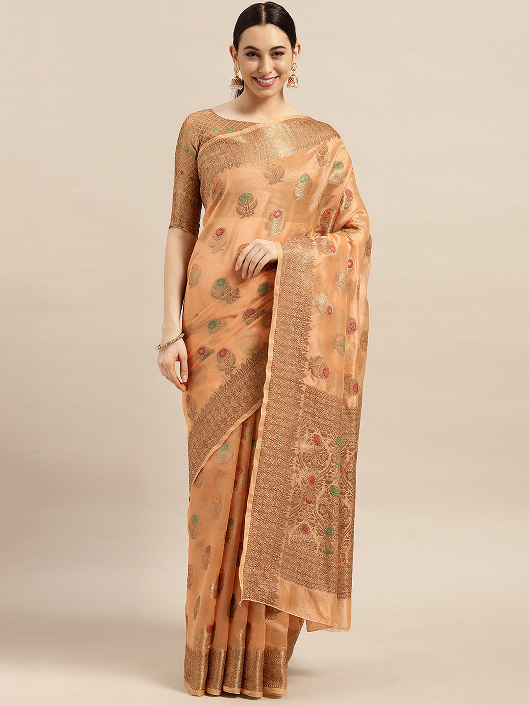 Silk Blend Orange WovenDesign DesignerSaree With Blouse Piece
