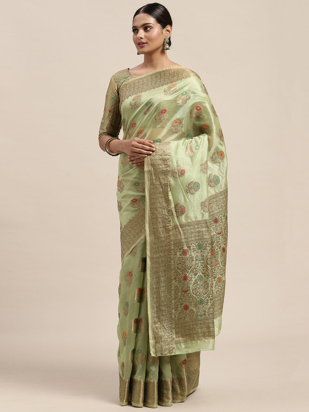 Silk Blend Olive WovenDesign DesignerSaree With Blouse Piece