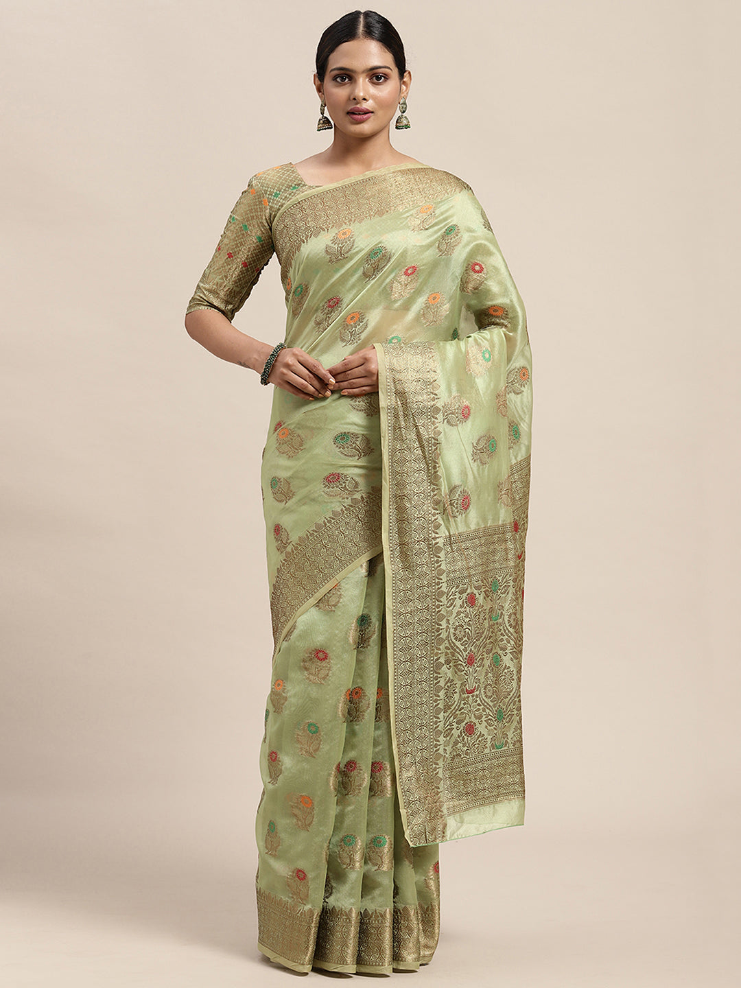 Silk Blend Olive WovenDesign DesignerSaree With Blouse Piece