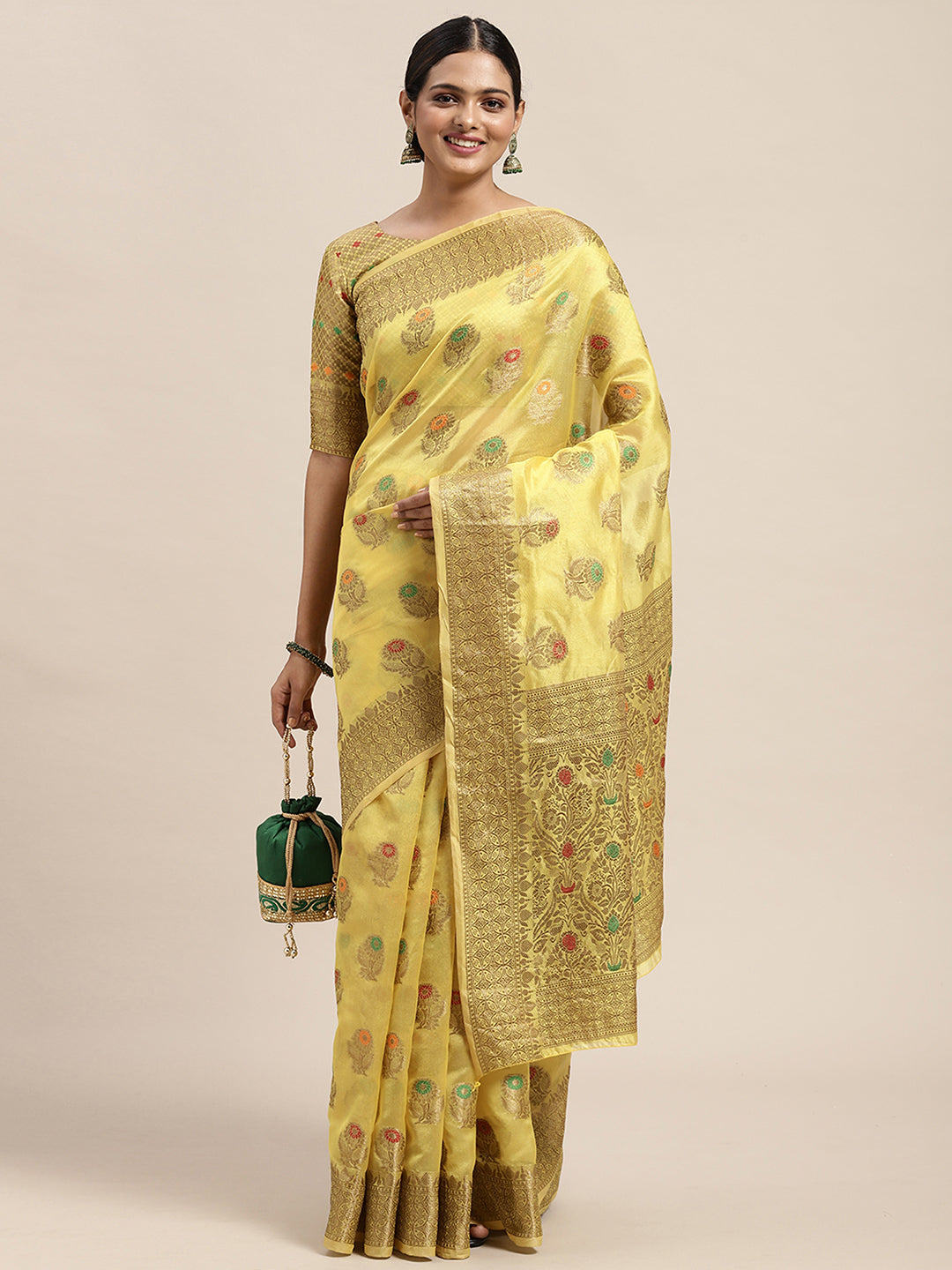 Silk Blend Yellow WovenDesign DesignerSaree With Blouse Piece