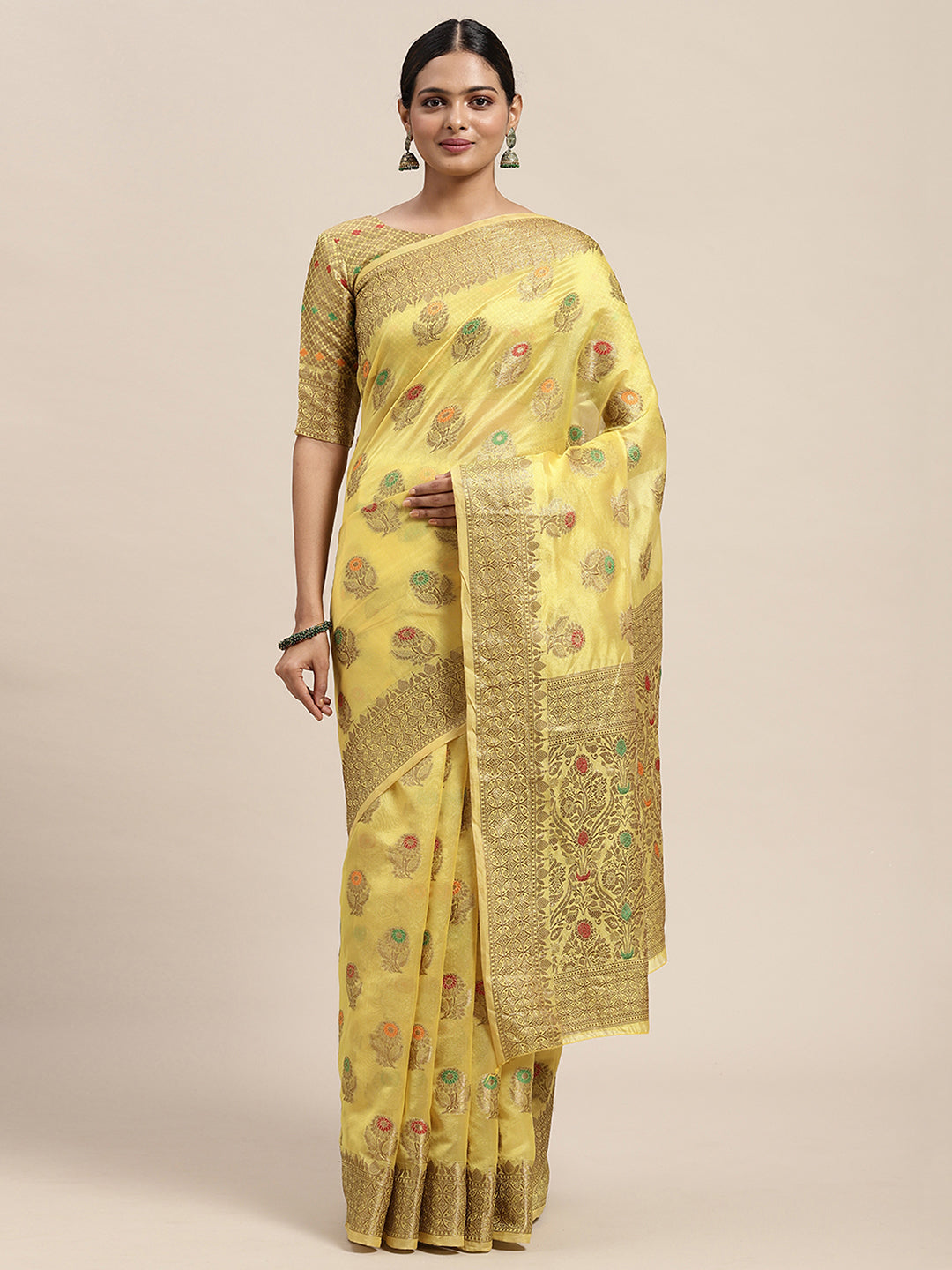 Silk Blend Yellow WovenDesign DesignerSaree With Blouse Piece