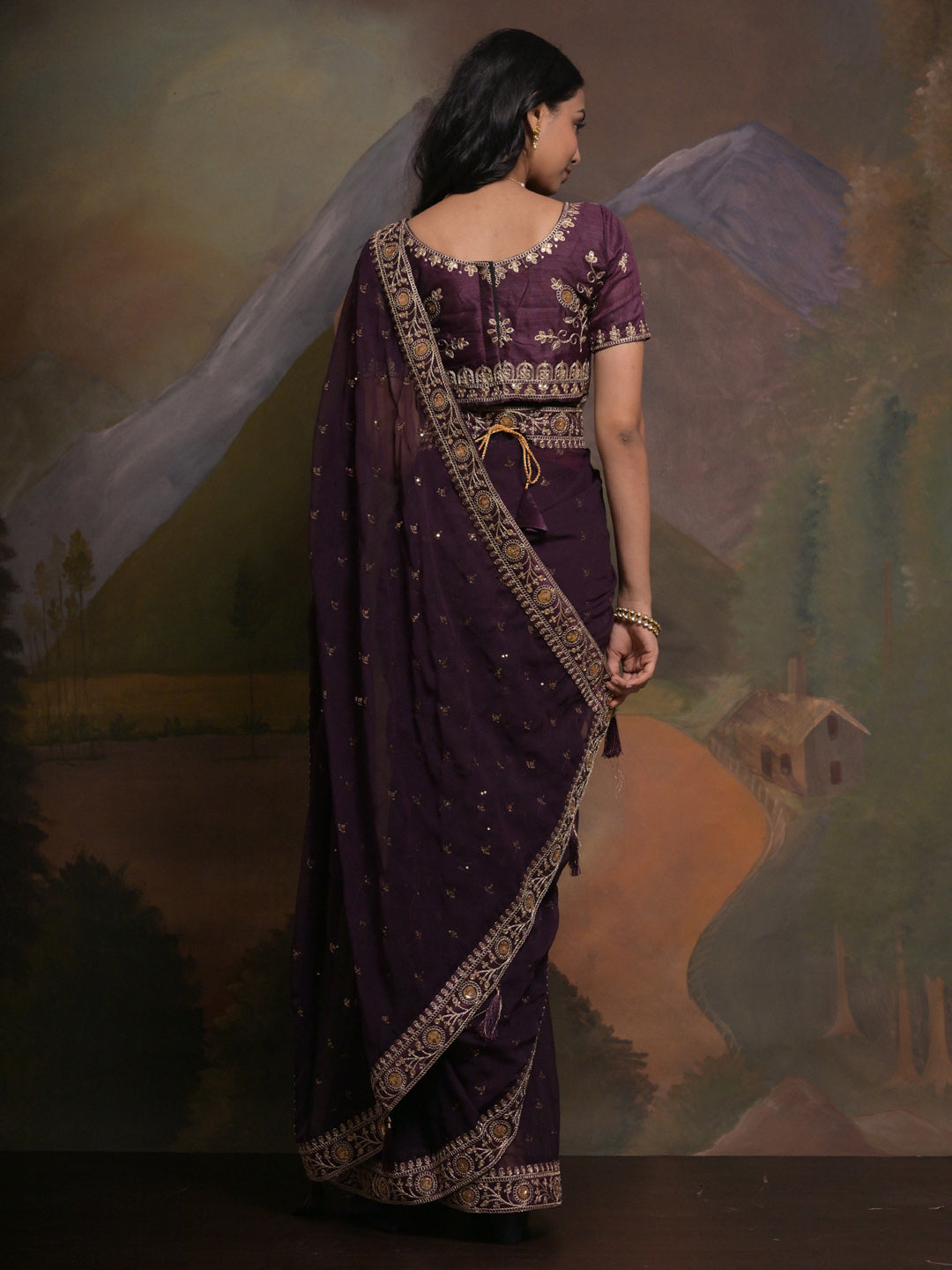 Georgette Purple Embellished Designer Saree With Blouse