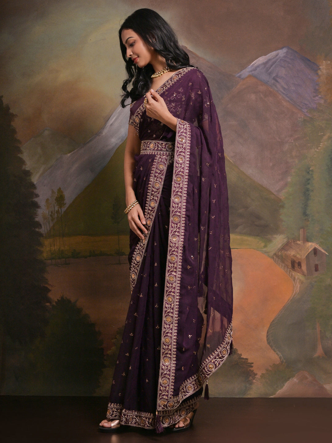 Georgette Purple Embellished Designer Saree With Blouse