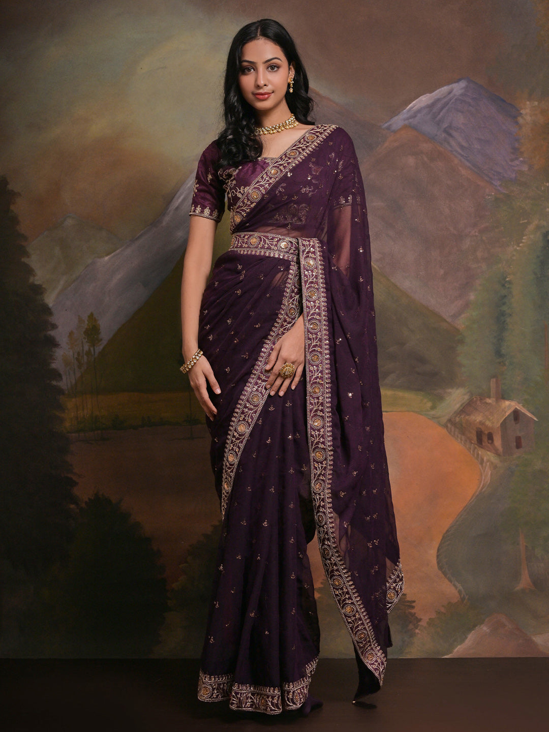 Georgette Purple Embellished Designer Saree With Blouse