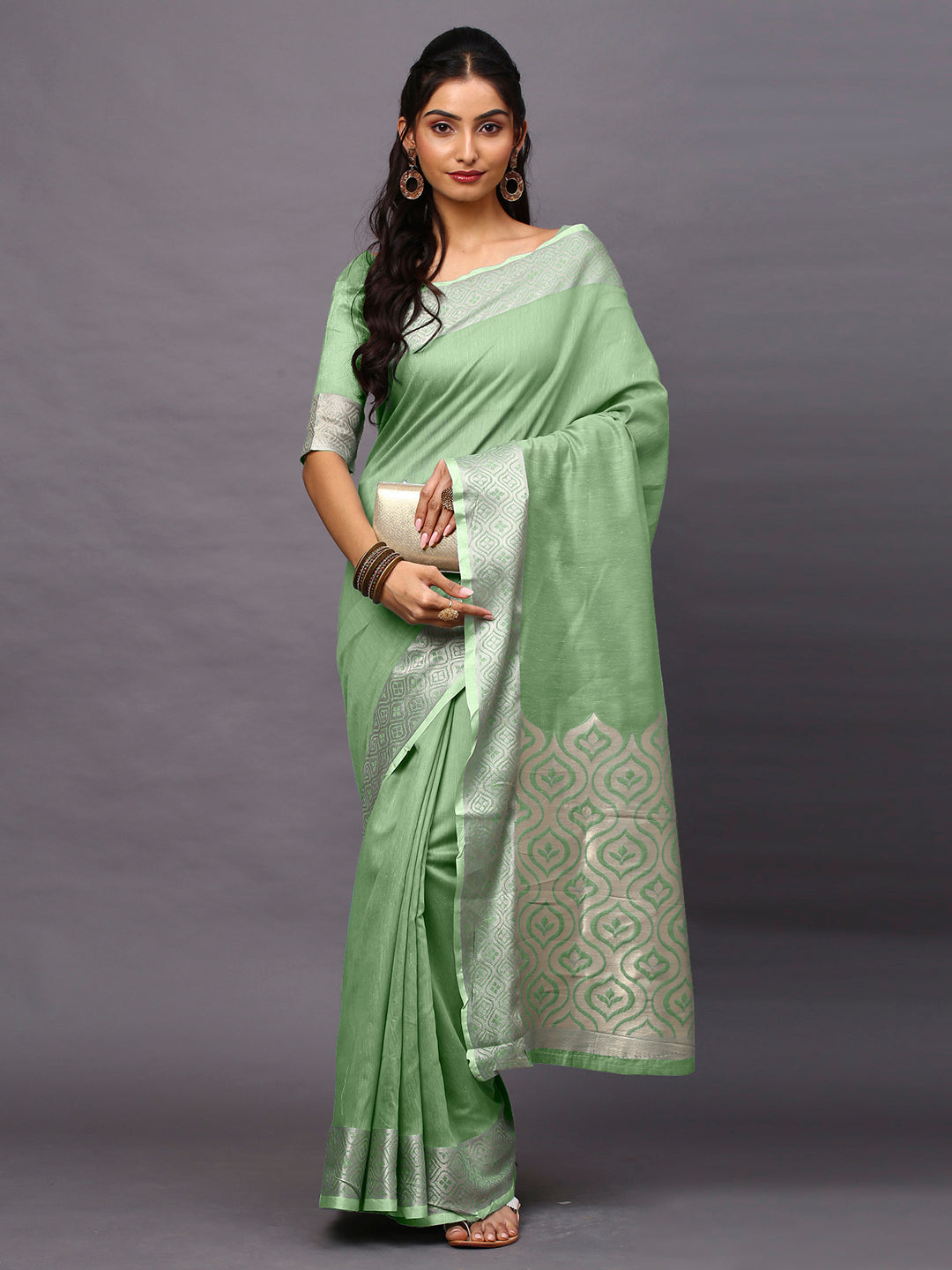 Linen Blend Green Woven Design Designer Saree With Blouse