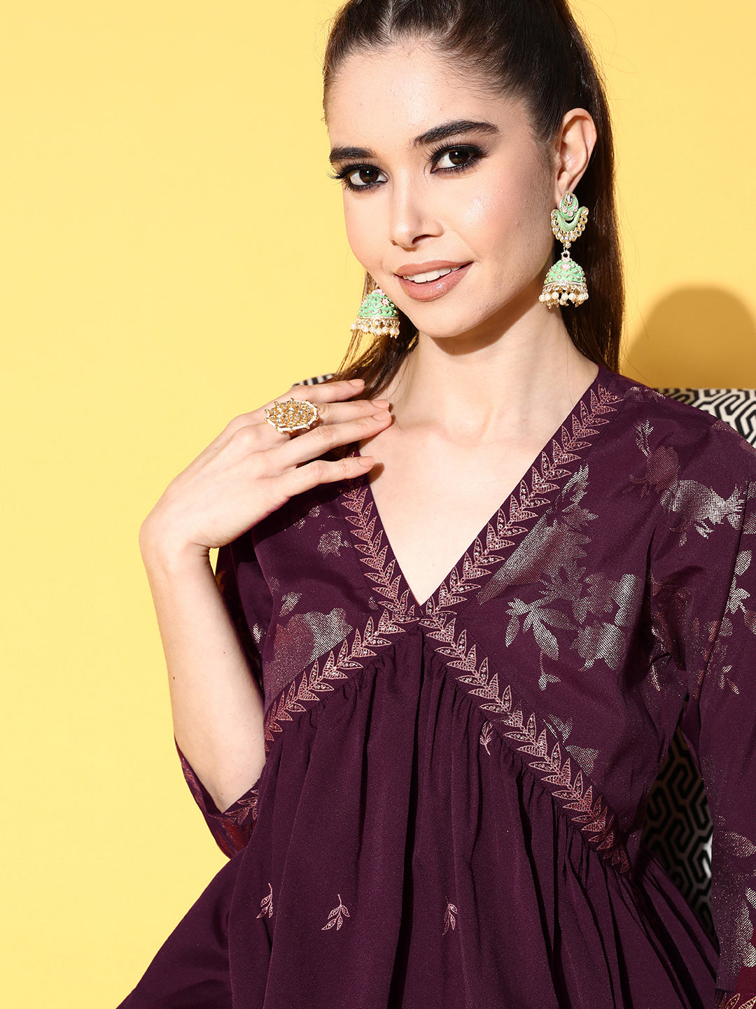 Women's Burgundy Floral Printed Sharara Set