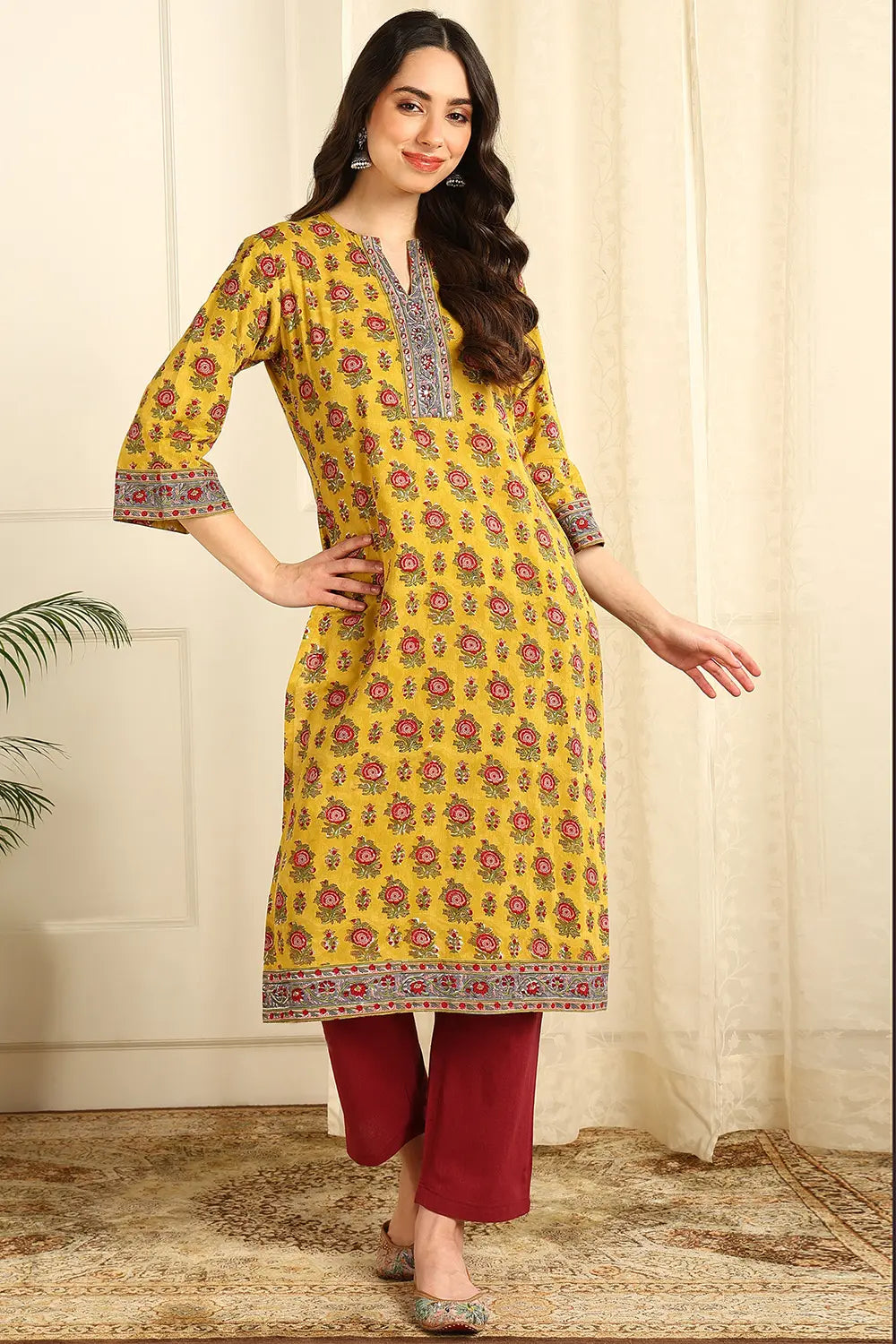 Mustard Yellow Straight Sanganeri Kurta