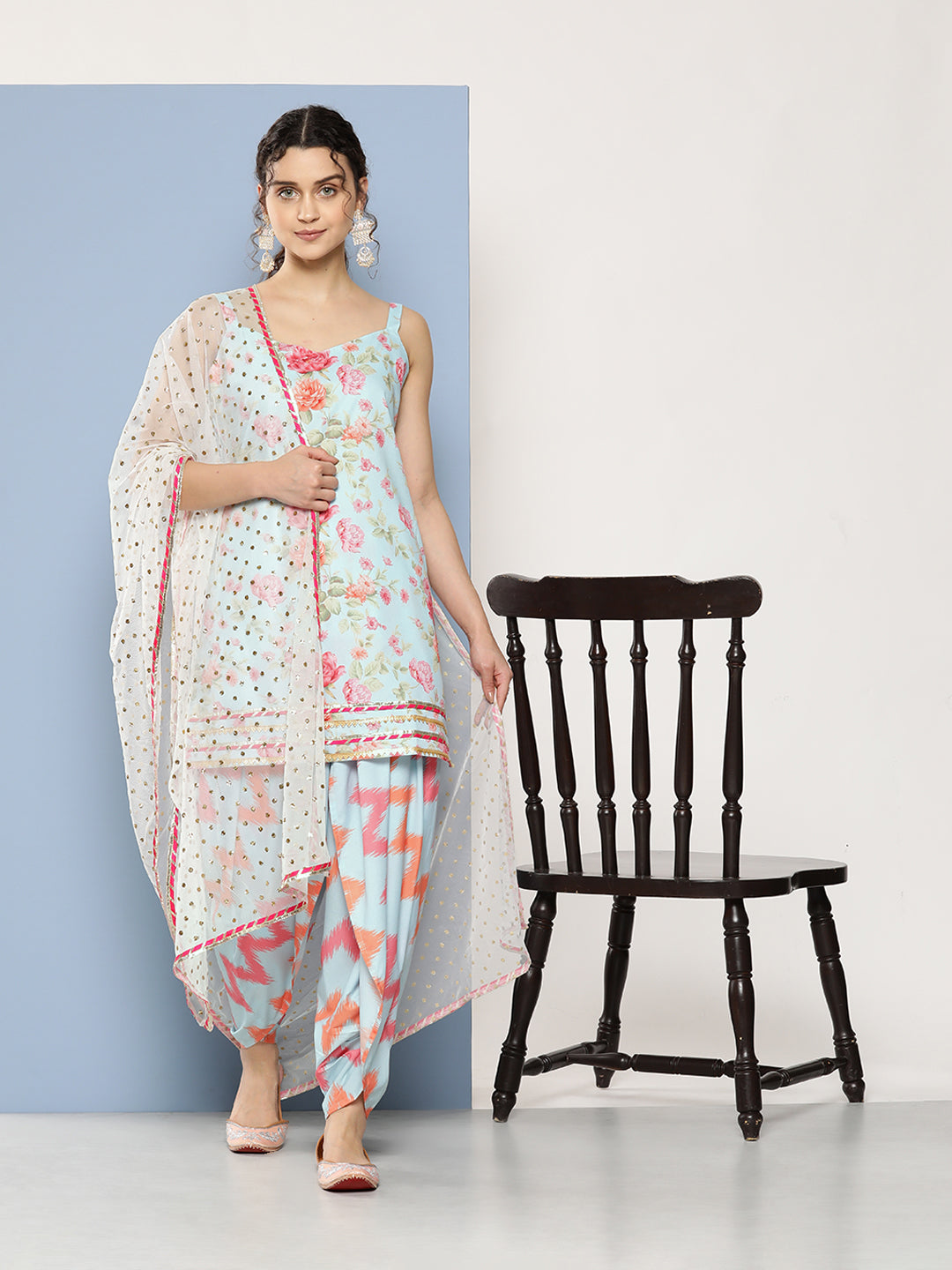 Blue Floral Printed Gotta Patti Kurti With Dhoti Pants & With Dupatta