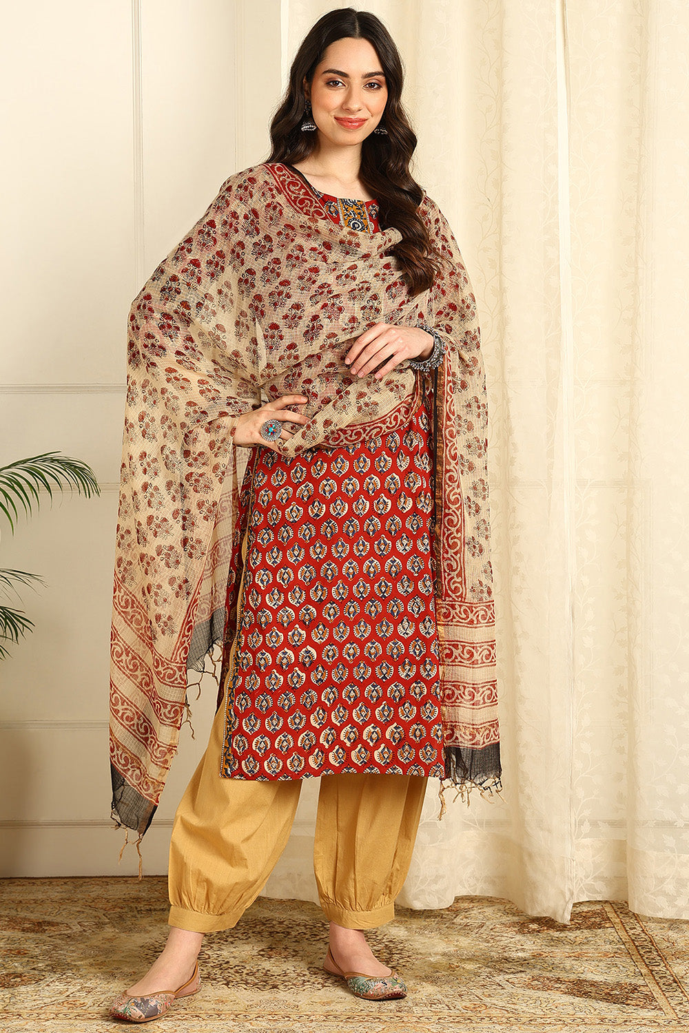 Maroon/Beige Kota Doria Dupatta