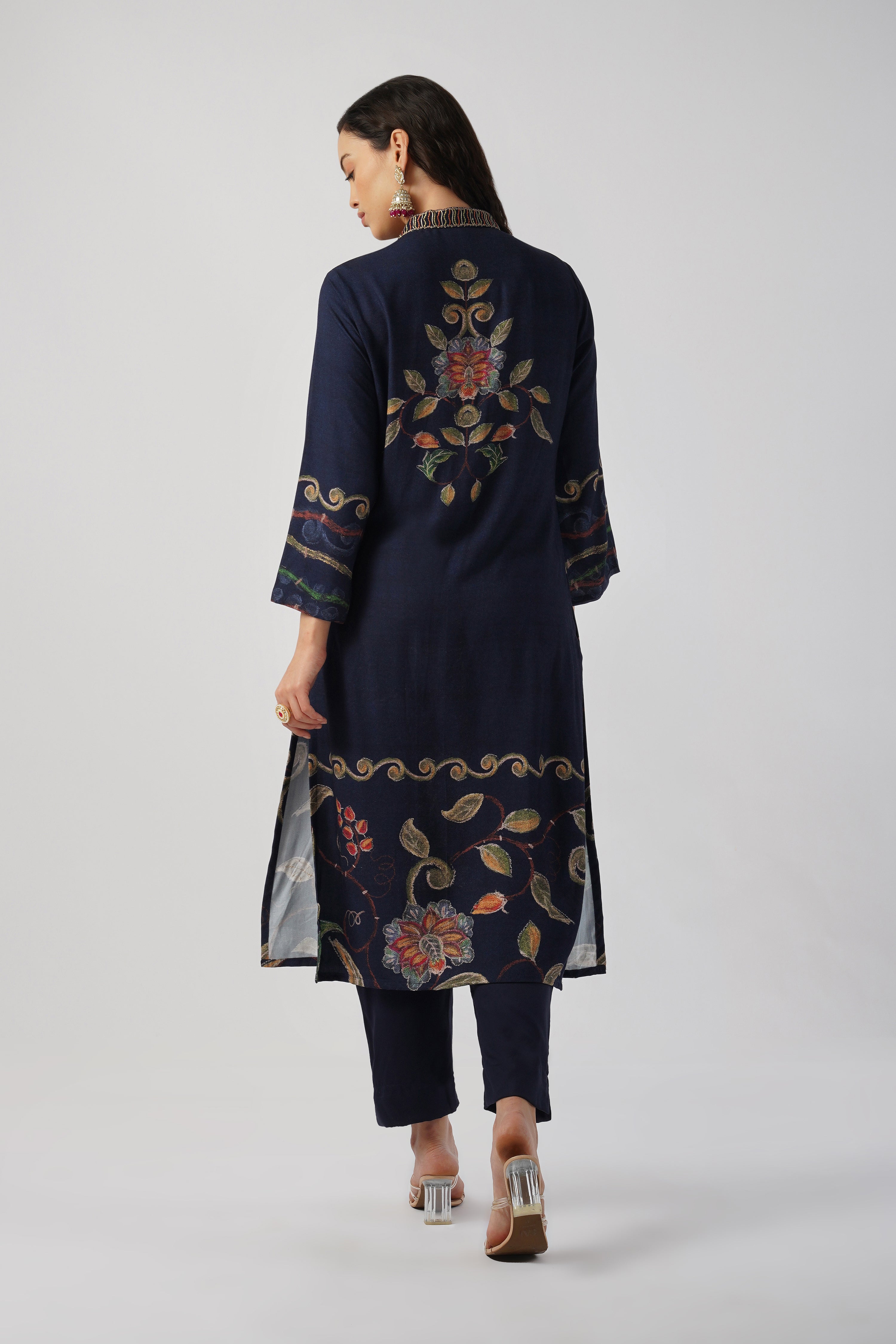 Midnight Navy Pure Pashmina Wool Designer Kurta Set with Embroidery