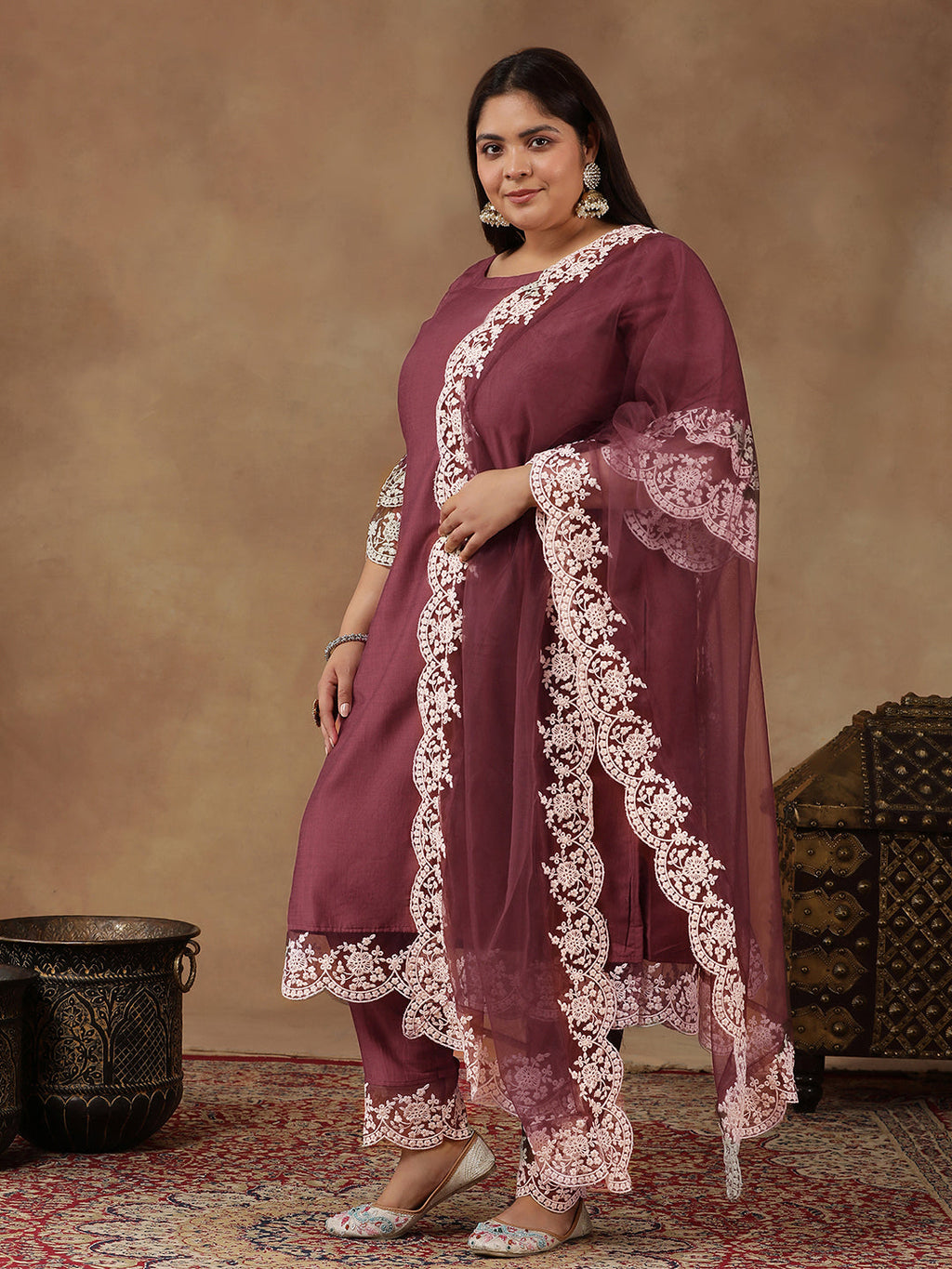 Plus Size Embroidered Thread Work Straight Kurta With Trousers & Dupatta - ID