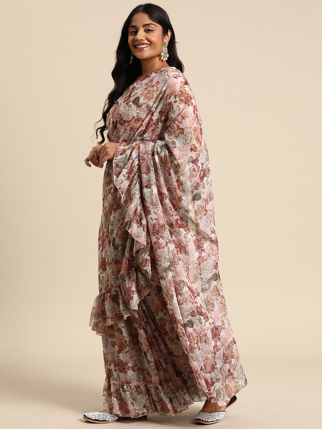 Floral Poly Chiffon Ready To Wear Ruffled Saree