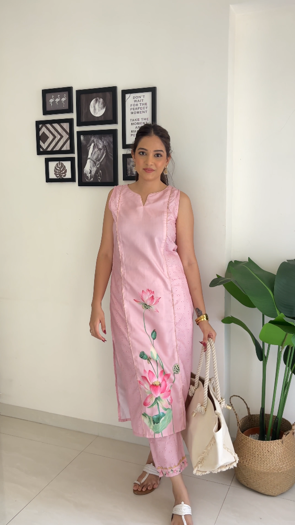 Pink Floral Printed Panelled Gotta Patti Pure Cotton Kurta with Trousers-AH