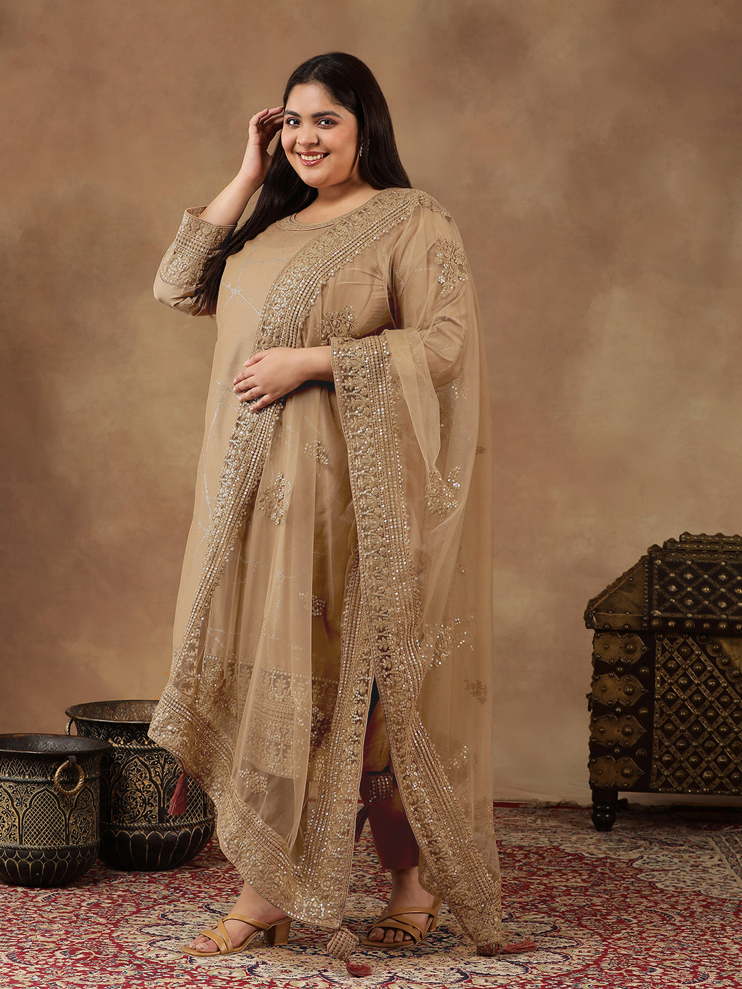 Plus Size Abstract Printed & Embroidered Kurta With Trousers & Dupatta - ID