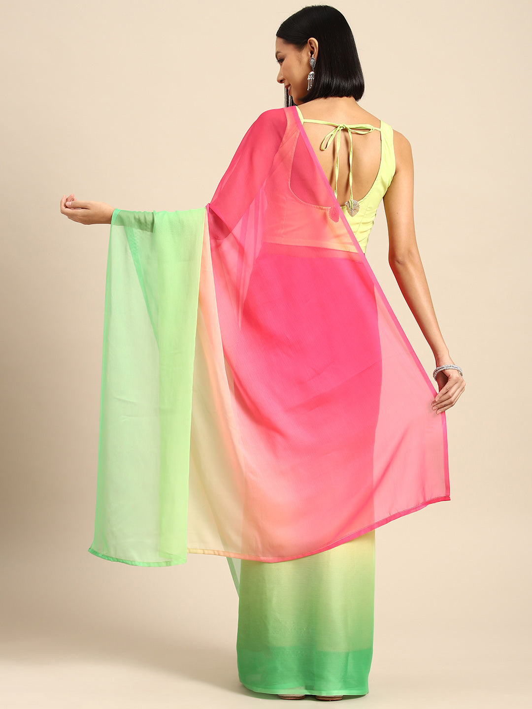 Pink & Green Ombre Dyed Poly Chiffon Saree