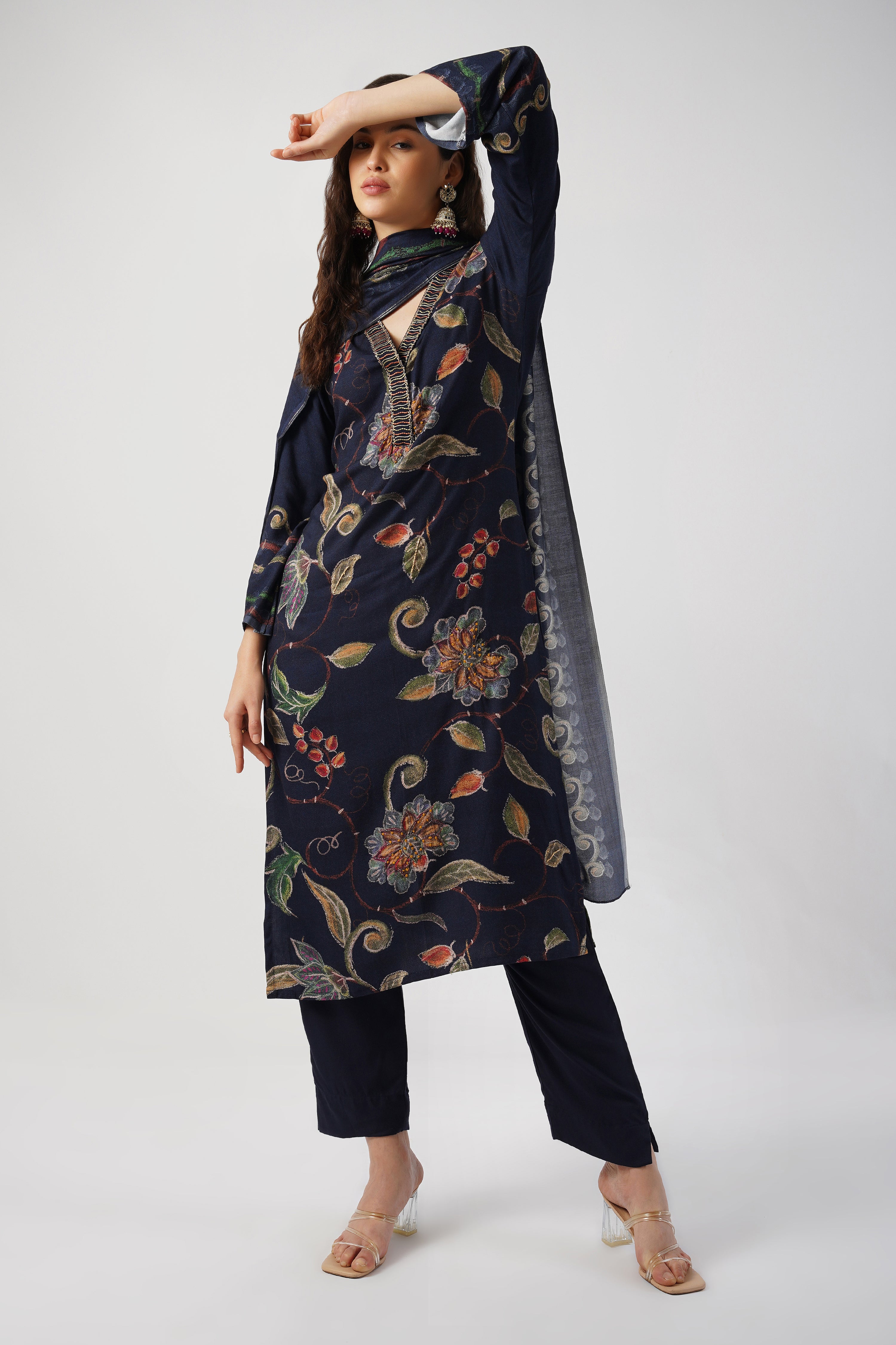 Midnight Navy Pure Pashmina Wool Designer Kurta Set with Embroidery