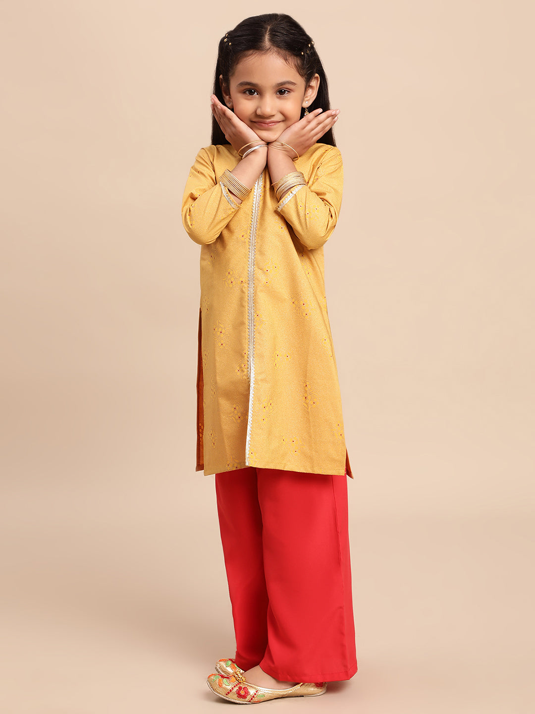 Mustard Yellow & Red Printed Girls Kurta Set