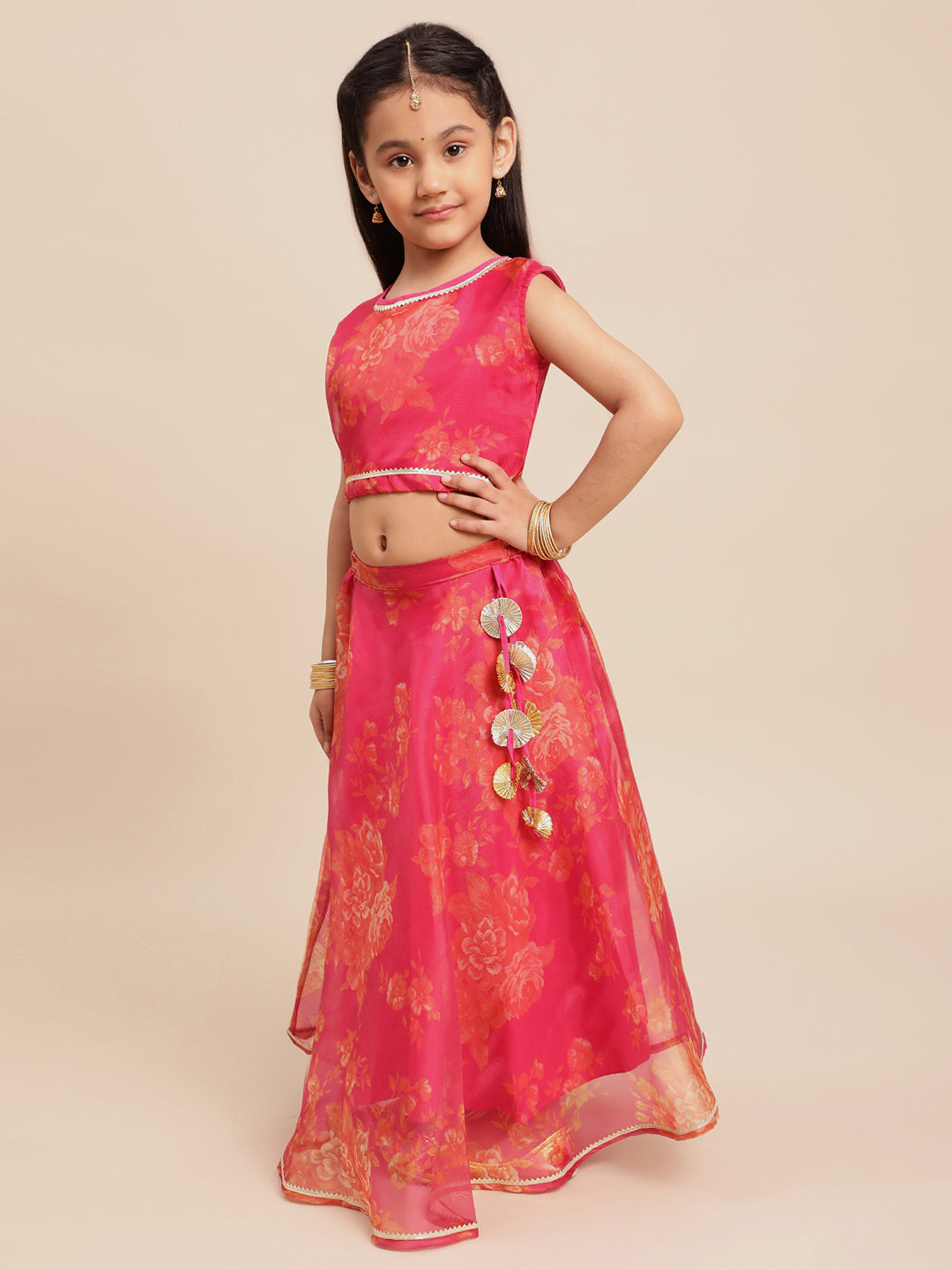 Pink Organza Digital Print Girls Lehenga Choli