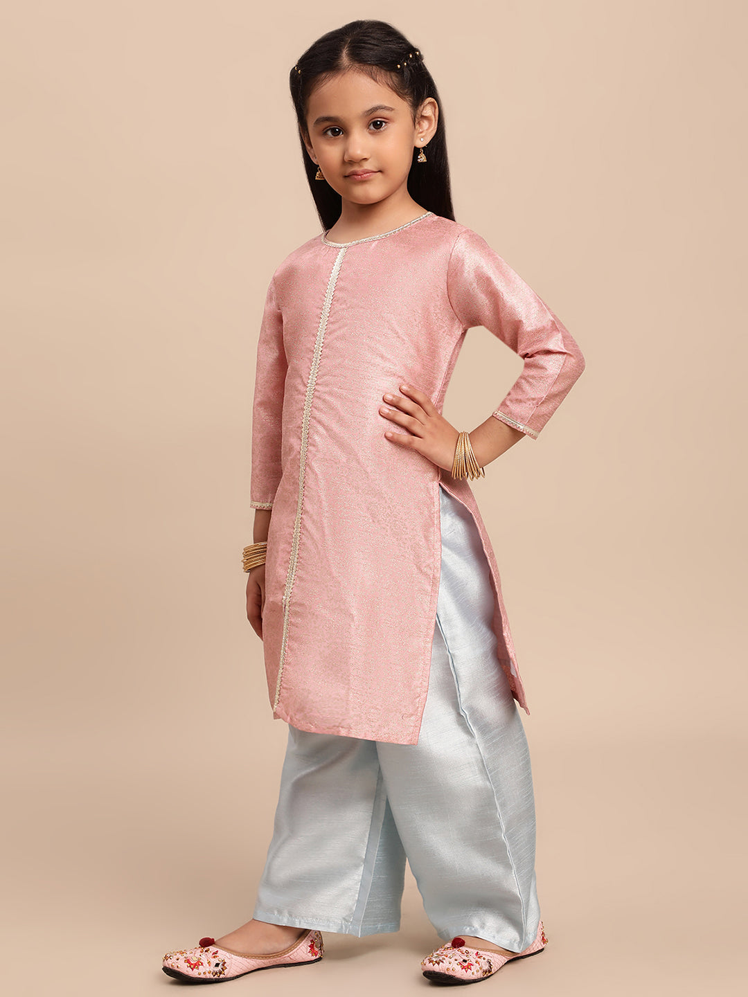 Pink Poly Silk Girls Kurta Set