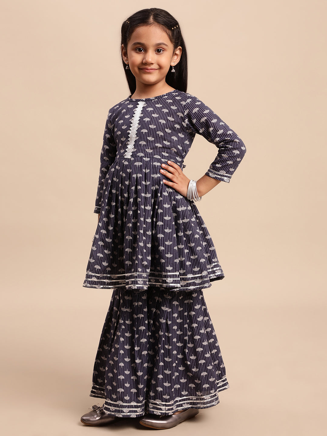 Navy Blue Pure Cotton Digital Printed Girls Sharara Set