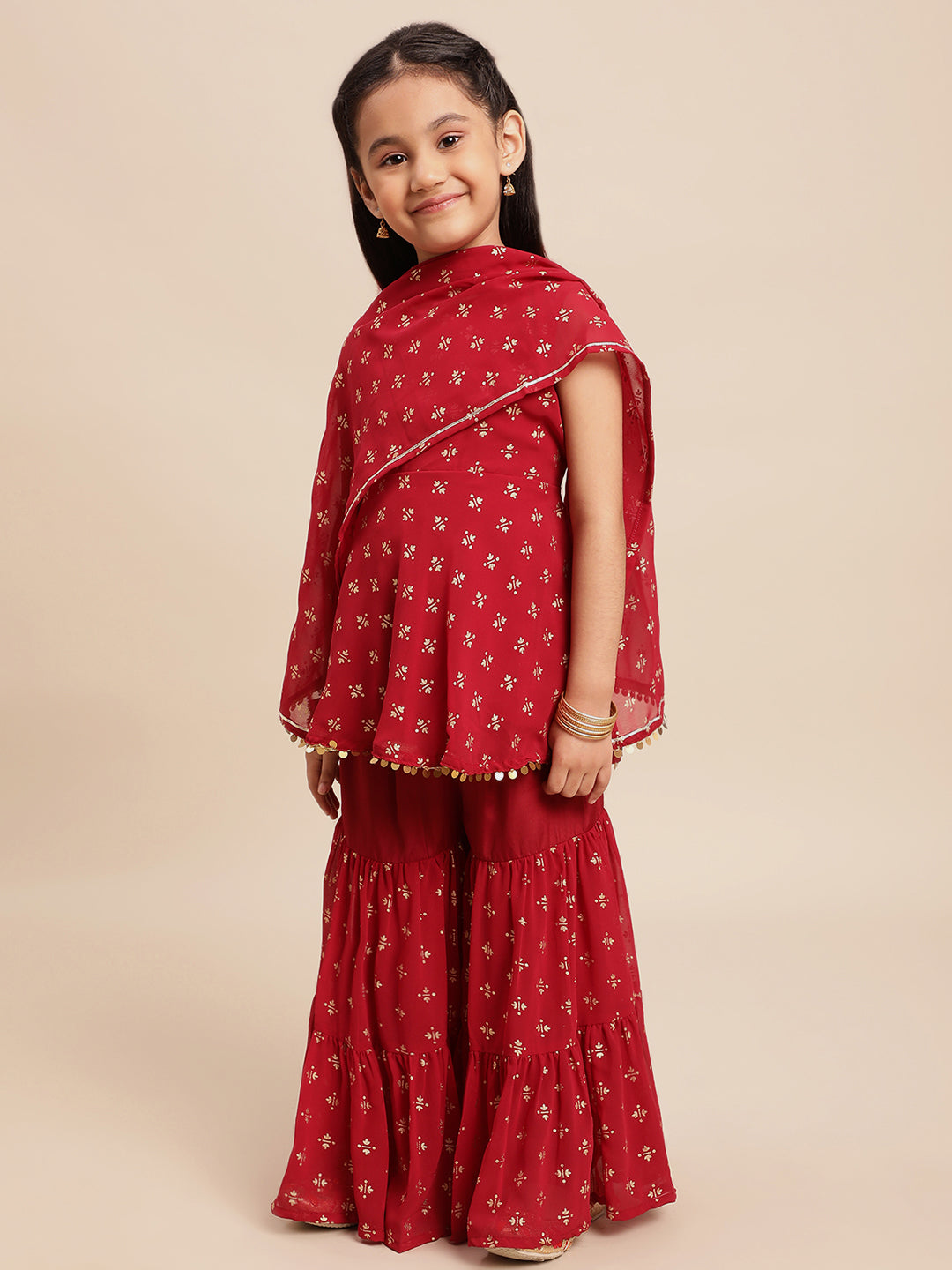 Maroon & Gold Foil Print Girls Peplum style Sharara Set With Dupatta