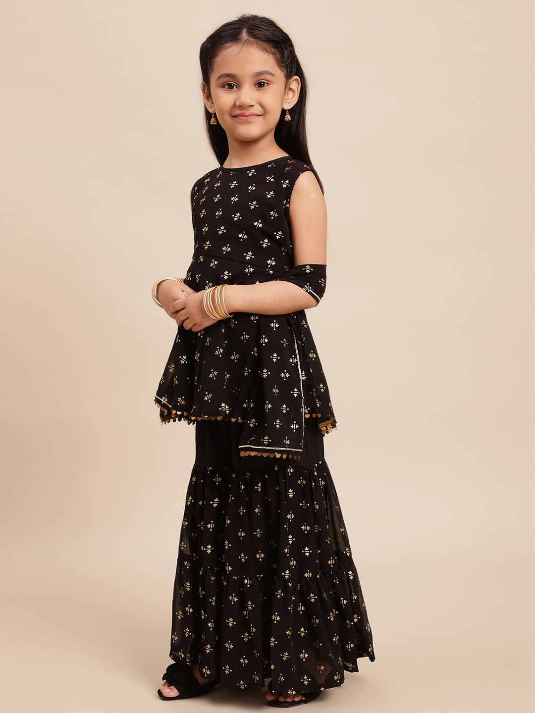 Black Georgette Gold Foil Print Girls Peplum style Sharara Set With Dupatta