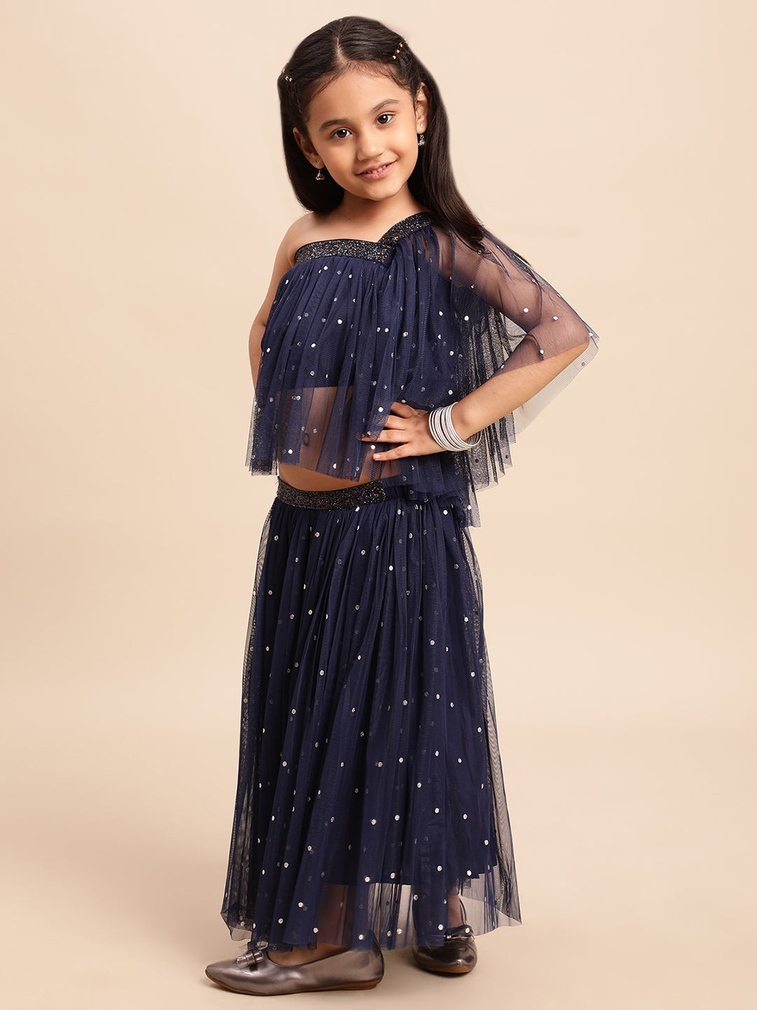 Navy Blue Net Asymmetric Girl's Kurta Sets