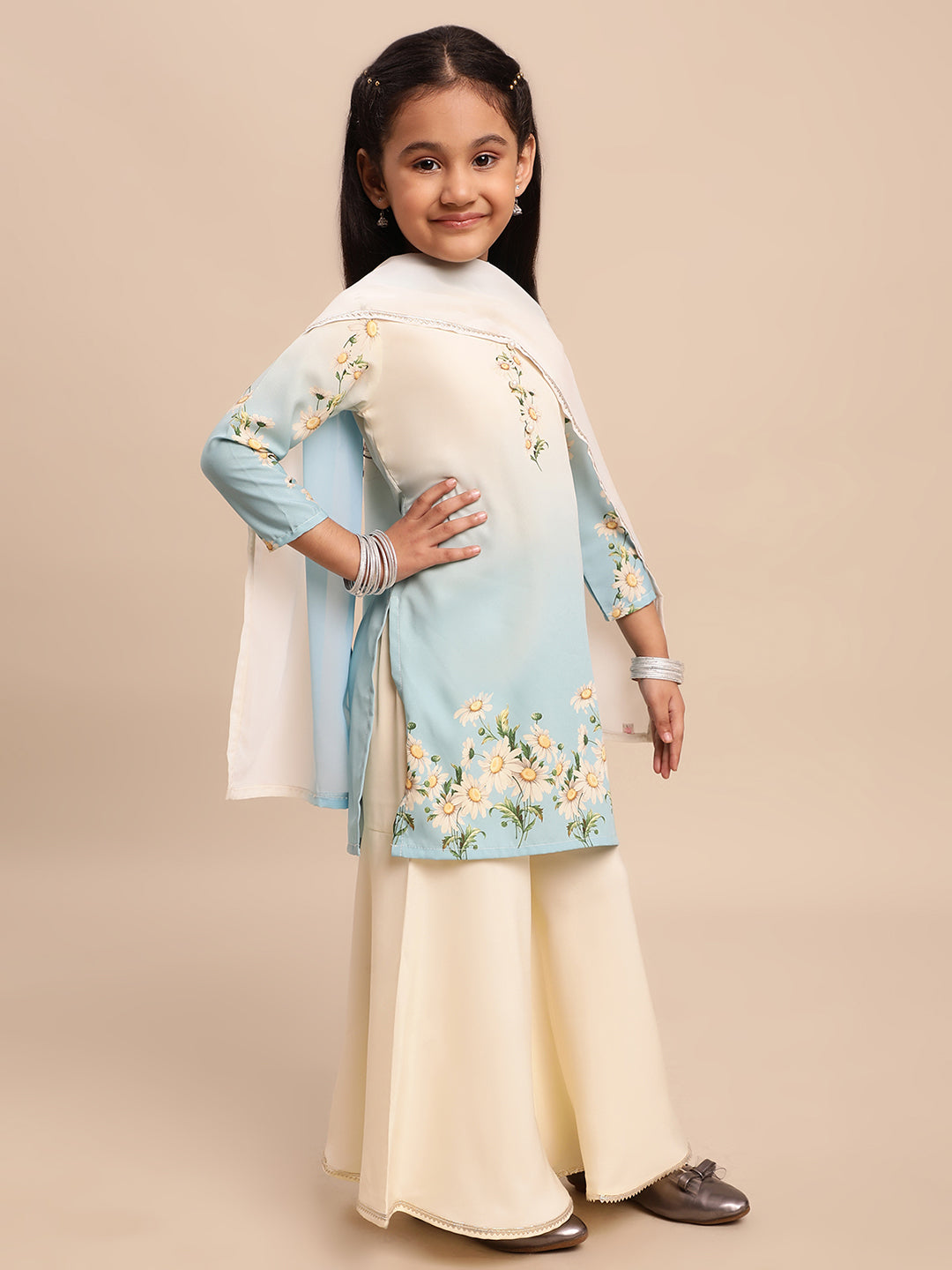 Beige & Blue Floral Printed Girls Kurta Set