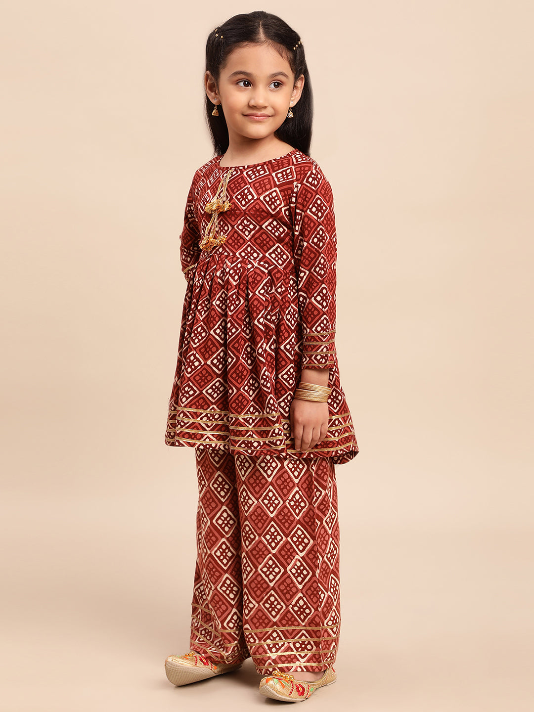 Maroon Printed Rayon Girls Kurta Set