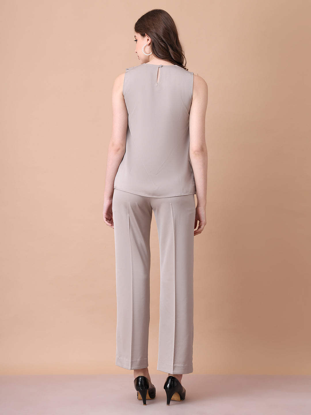 Exude Unbreakable Soft Matt Satin Overlay Sleeveless Top Paired With Straight Fit Trousers