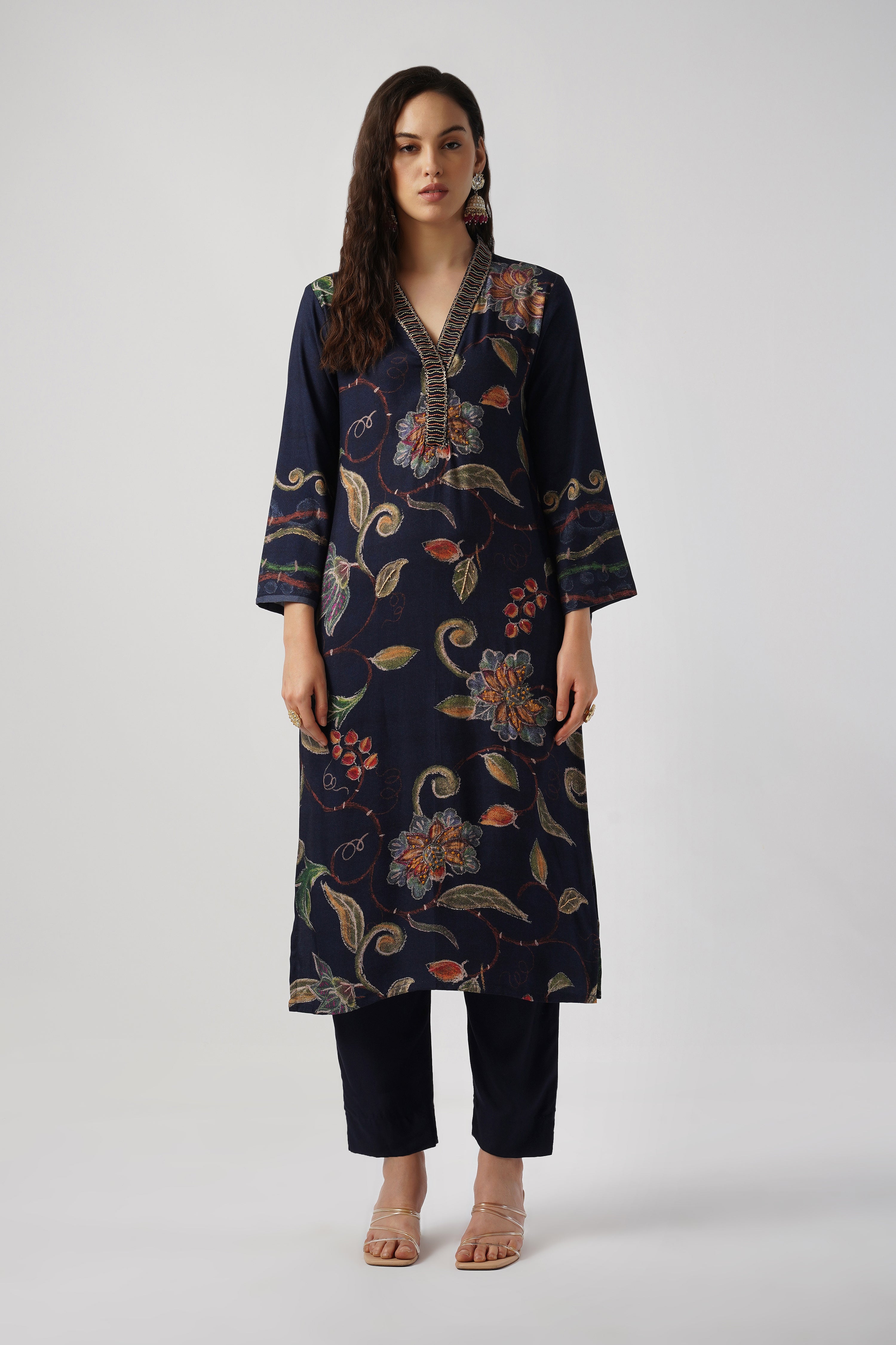 Midnight Navy Pure Pashmina Wool Designer Kurta Set with Embroidery