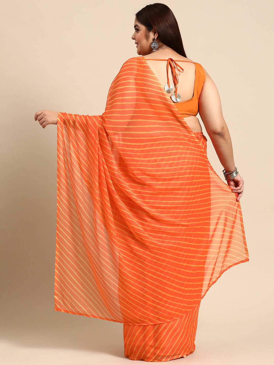 Orange and Yellow Plus Size Leheriya Poly Chiffon Saree