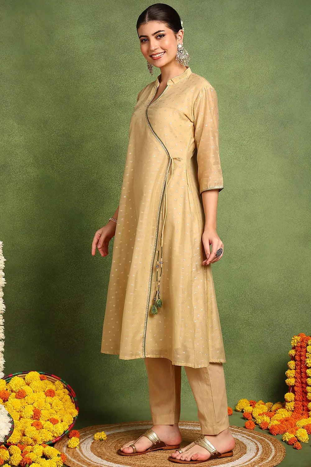 Beige Khari Printed Chanderi Silk Angrakha Kurta