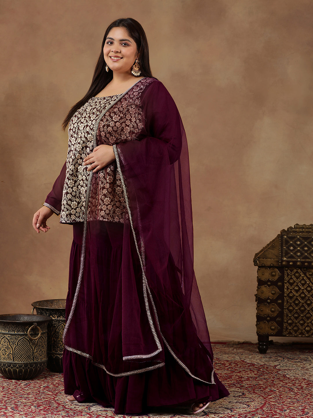 Floral Embroidered Regular Sequinned Straight Kurti with Sharara & Dupatta - ID