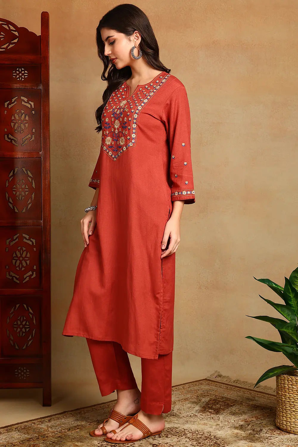 Rust Embroidered Flax Linen Kurta