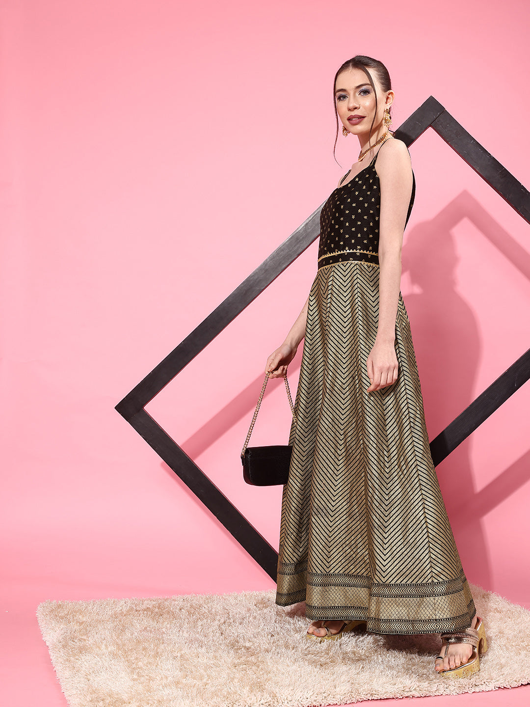 Black & Gold Chevron Printed Maxi Ethnic Dress