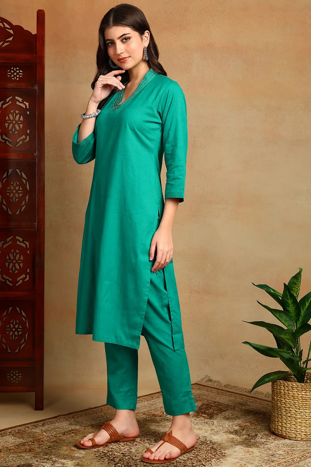 Teal Blue Embroidered Flax Linen Kurta